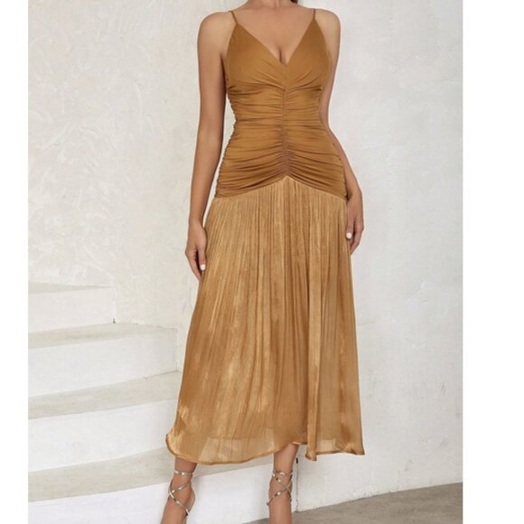 Brownish with metallic shimmer Ruched Front Spaghetti Strap Cami Dress - Picture 4 of 8